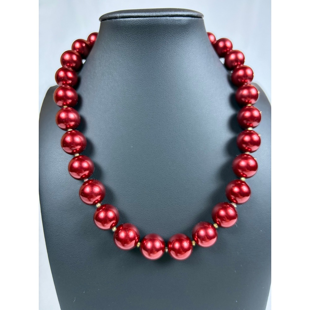 Vintage Charter Club Red Metallic Faux Pearl Statement Necklace Gold Tone